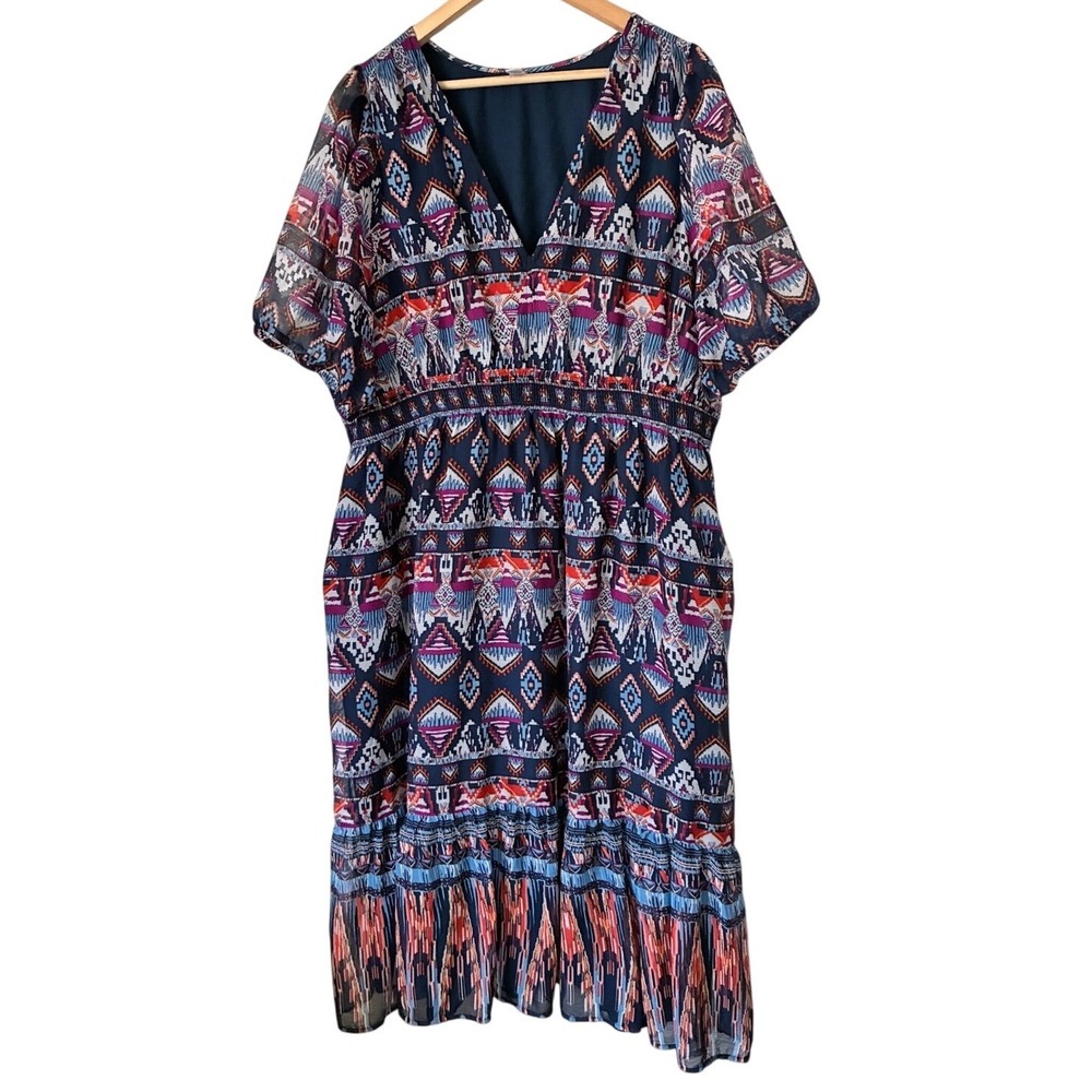 Old Navy Womens XXL Navy Blue Geometric Ikat Print Smocked Waist Midi Dress Boho